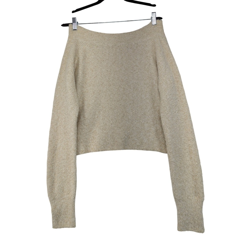Happily Grey Cream Gold Metallic Fuzzy Cropped‎ Off Shoulder Sweater Womens XL
